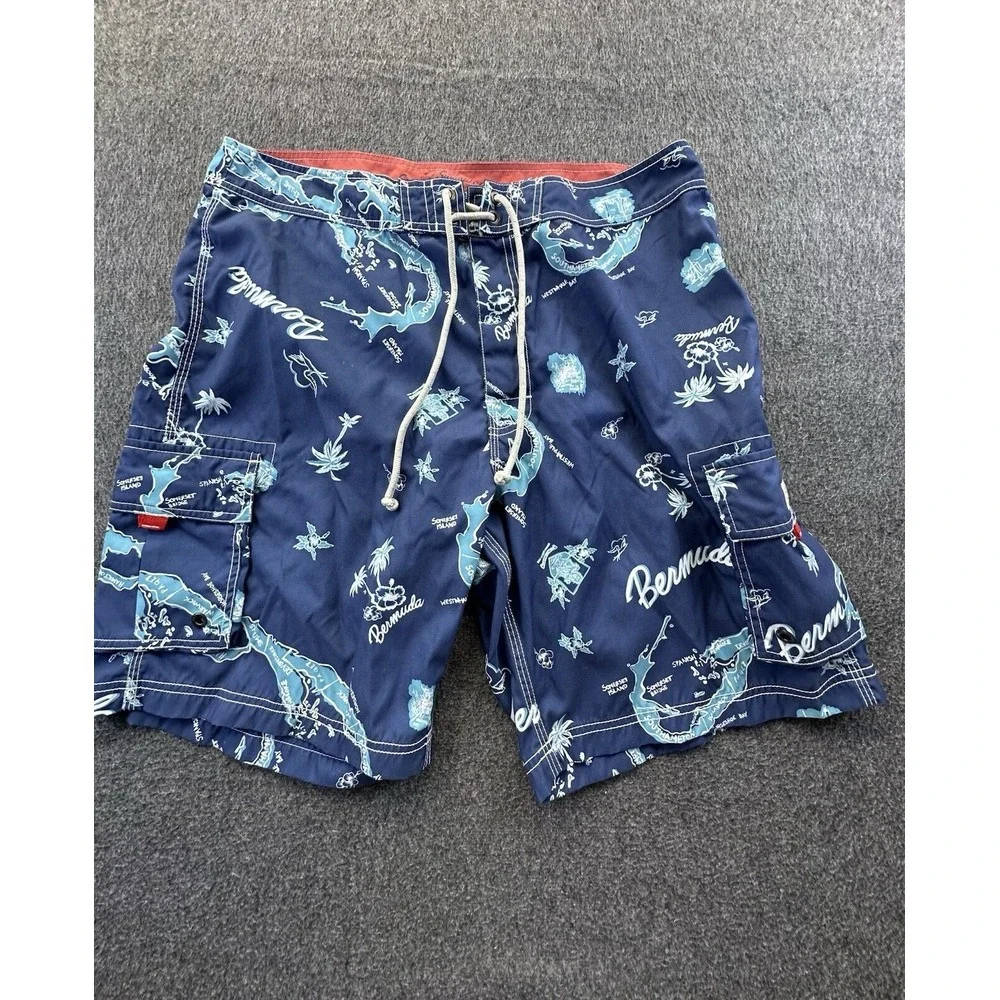 J. Crew Board Shorts Mens‎ Size 36 Blue Bermuda Palm Trees Island Pockets Beach